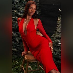 NWT House of CB Yasmin Red Plunge Mesh Long Sleeve Midi Dress XS